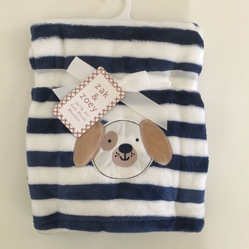 NEW Baby Blanket Lightweight Blue White Stripes Puppy Dog Theme | Zak & Zoey